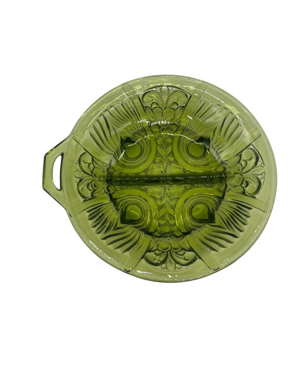 Vintage Indiana Glass MCM Green Relish Candy Dish Floral Divided 8" Round